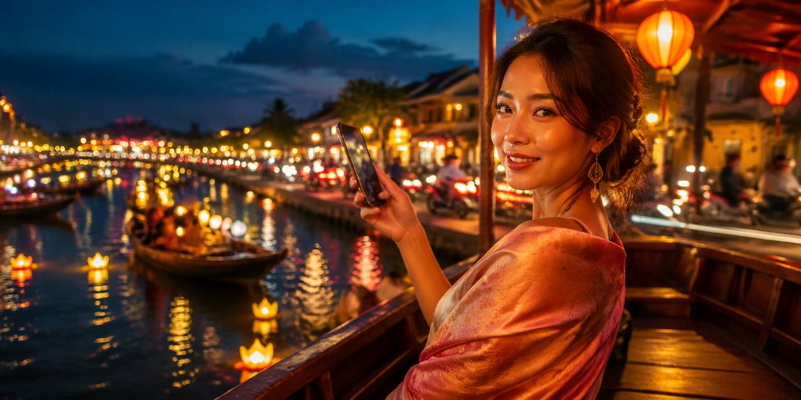 Người dùng tại Hội An đăng ký tài khoản và nhận bonus trong không khí chợ đêm sôi động